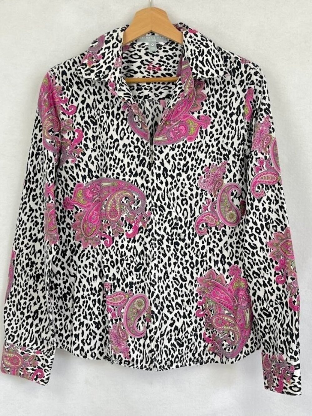 Foxcroft Zip Up Blouse Cheetah Paisley Print Wrinkle Free Fitted Grandma Core 10